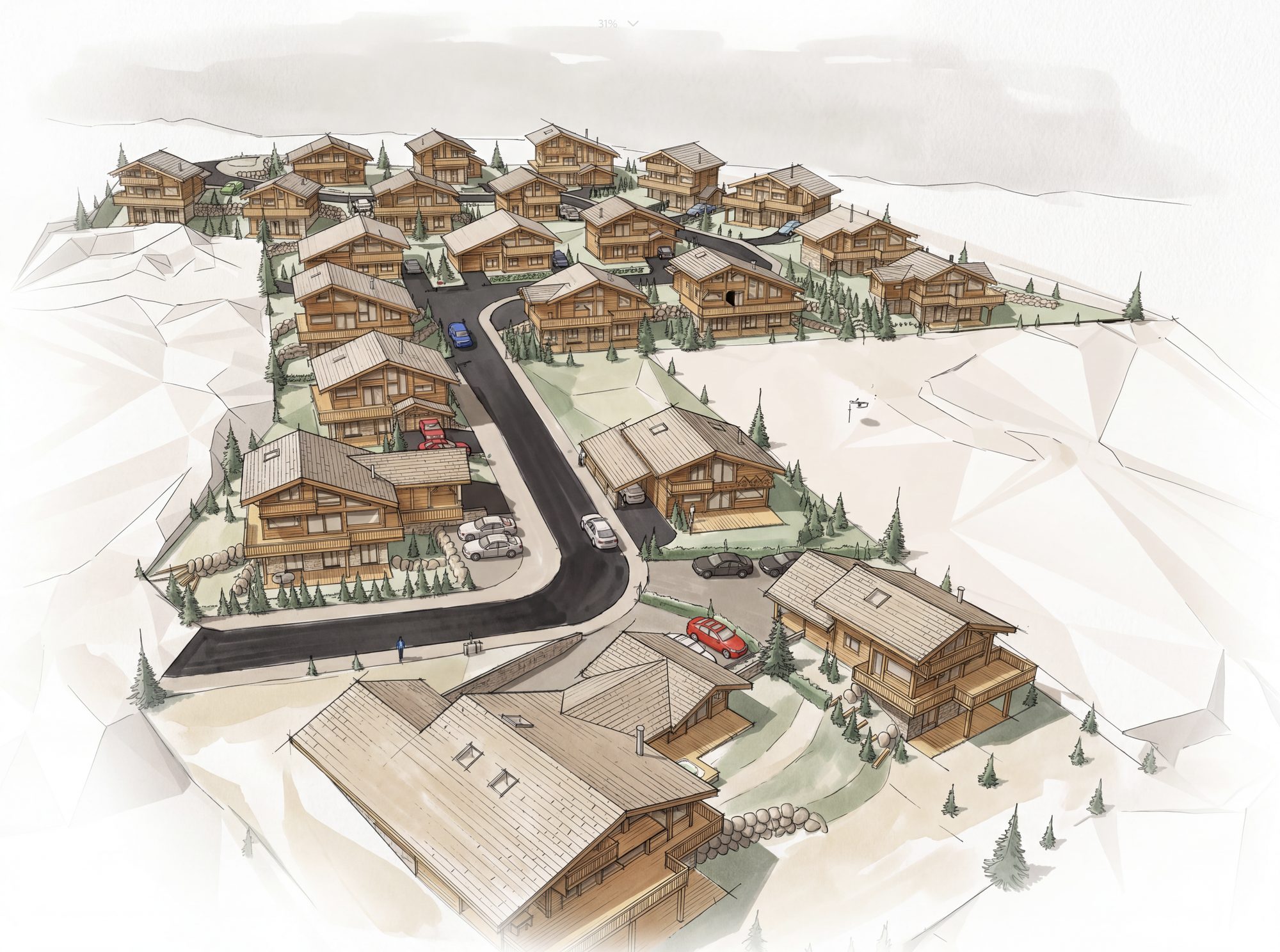 Illustration aérienne du lotissement avec des exemples de chalets